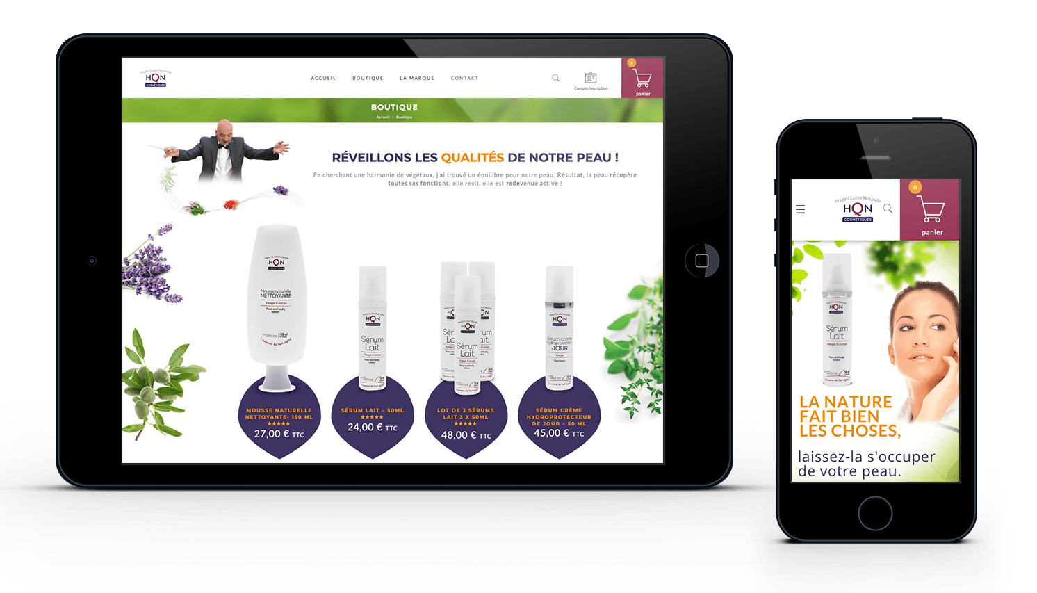 Pages mobile et tablette site E.commerce HQN Cosmétique